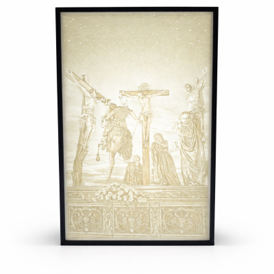 Litofanía 3D de La Lanzada Longinos de la Real Cofradía del Santo Entierro de Zamora con iluminación LED mostrando escena de la Pasión en Viernes Santo